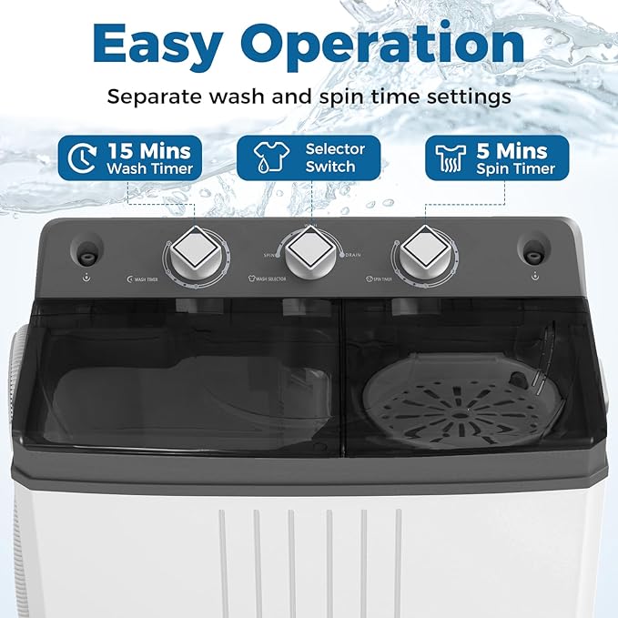 COSTWAY Portable Washing Machine, Twin Tub 20 Lbs Capacity with Drain Pump, Laundry Washer 12 Lbs and Spinner 8 Lbs with Timer Control, Perfect for Apartment Dorm RV, Grey+White