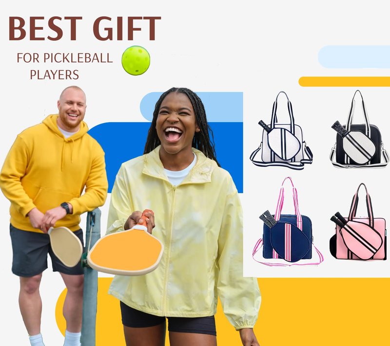 Pickleball Sports Tote Bag with Racket Holder, Neoprene, Adjustable Shoulder Strap (Pink)
