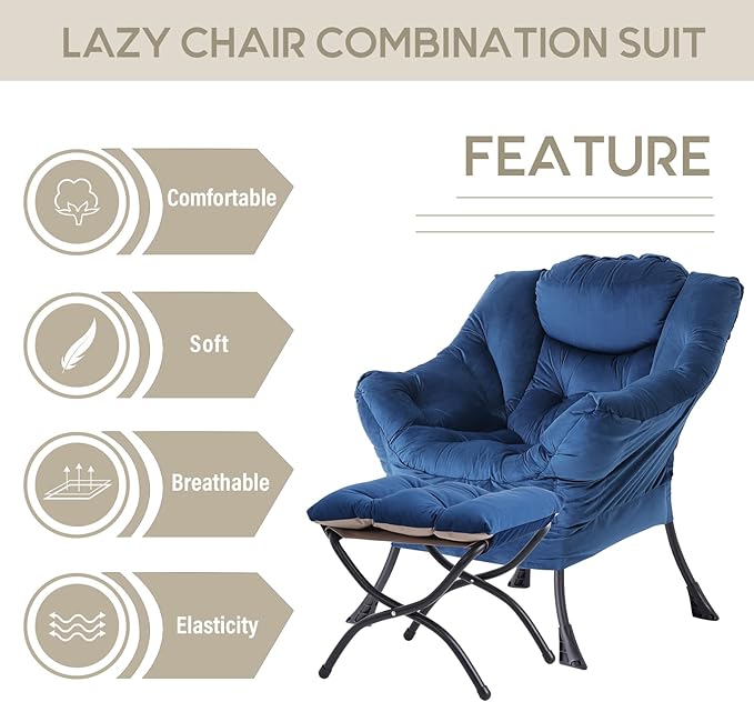 LITA Lazy Chair with Ottoman, Modern Accent Leisure Upholstered Sofa Chair, Contemporary Lounge Reading Chairs with Armrests and a Side Pocket for Living Room, Bedroom & Small Space, Royal Blue