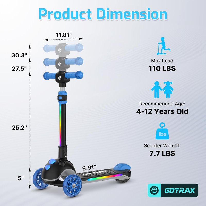 Gotrax SK1 Foldable Electric Scooter for Kids 4+, Full Body LED Light, 90min Riding & 5Mph Speed, Push-Button Throttle&Battery Indicator, 6'' Wheel&3 Adjustable Height, 3 Wheel Escooter, Gift, Black