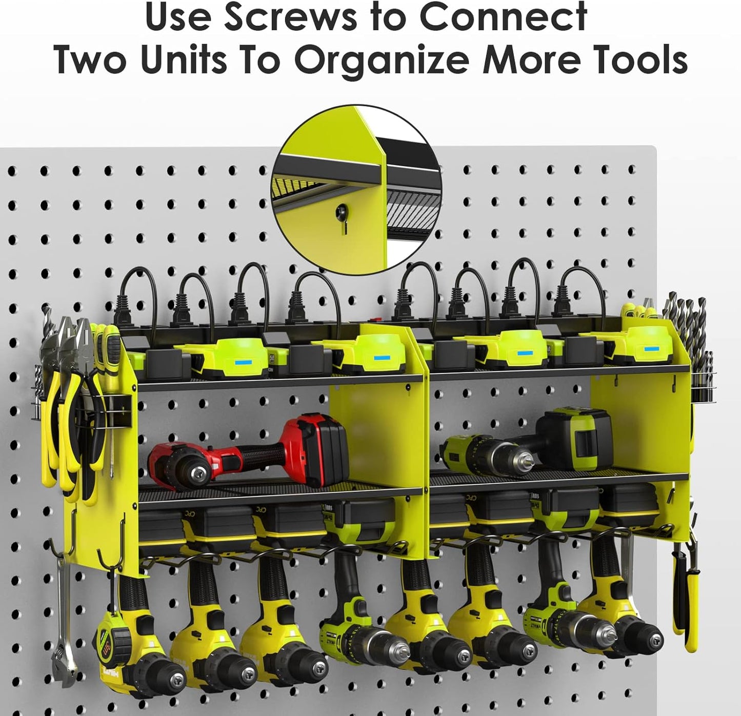 CCCEI Set Power Tool Organizer Wall Mount with Charging Station. Garage 4 Drill Storage Shelf with Hooks, Heavy Duty Metal Tool Battery Charger Organizer. Shop Utility Rack with Power Strip Green.