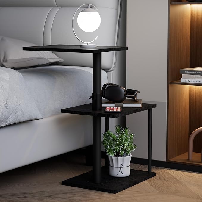 Swivel Side Table for Couch Arm, Adjustable C End Table for Recliner or Bed, Tv Trays with Storage Shelf for Small Spaces Small Nightstand Table for Living Room, Bedroom，2pc