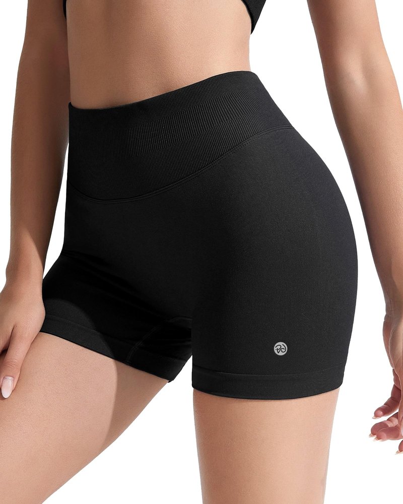 RIOJOY Womens Workout Shorts 4" Seamless High Waisted Scrunch Sports Yoga Fitted Short Tummy Control Running Biker Athletic No Front Seam Pants Soft Lightweight Booty Leggings Black S
