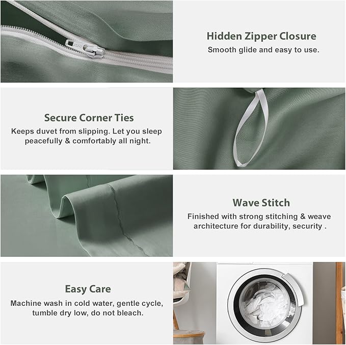 MILDLY 100% Cotton Duvet Cover Set King Size Grey Sage Satin Weave Silky Luxury Comforter Cover Sets Ultra Soft Bedding Set 3PCS (No Comforter)