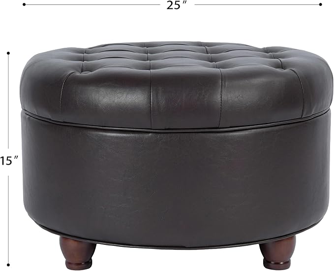 Homepop Home Decor | Button Tufted Faux Leather Round Storage Ottoman | Ottoman with Storage for Living Room & Bedroom (Distressed Brown)