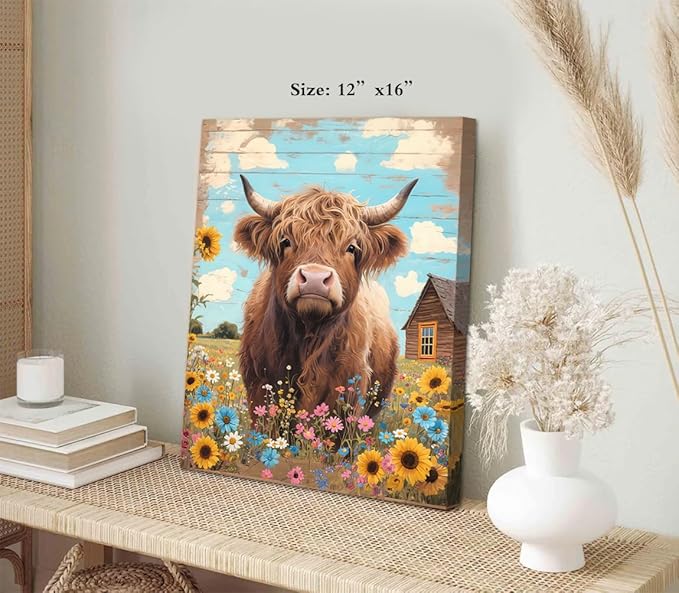 Rustic Farmhouse Highland Cow Wall Art,Rustic Highland Cow Sunflower Canvas Pictures Wall Decor,Country Animal Cattle Canvas Print Framed Artwork for Bathroom Bedroom Living Room12 x16