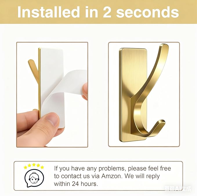 pickpiff Self Adhesive Coat Hooks for Hanging, Heavy Duty Stainless Double Wall Hook for Towel, Backpack, Hat, Sturdy Metal Hanger for Bathroom, Bedroom, Door, Wall Mounted, 4-Pack, Brushed Gold