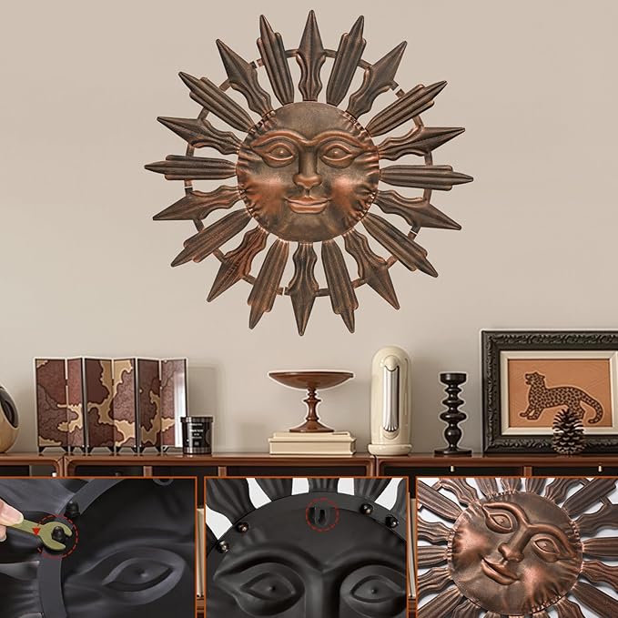 VESTCDF Metal Sun Wall Art Decor Outdoor Metal Wall Art Sun Outdoor,Large Wall Decorations for Garden, Sun Wall Art Metal Sun Face Art(Brown)