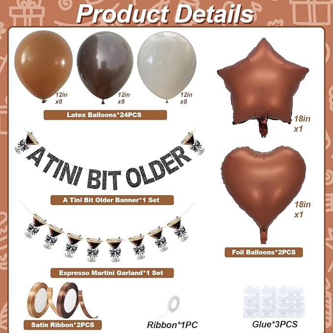 A Tini Bit Older Birthday Decorations Glitter Black Brown White Balloon Set Star Heart Foil Balloons Espresso Martini Glasses Bunting Banner Garland Bachelorette Bridal Shower Cocktail Night Bar Party