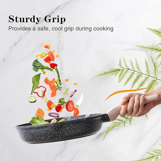 Nonstick Frying Pan Skillet with Lid, 9.5 Inch Granite Egg Omelet Pan, Healthy and Non Toxic, Induction Compatible, PFOA Free
