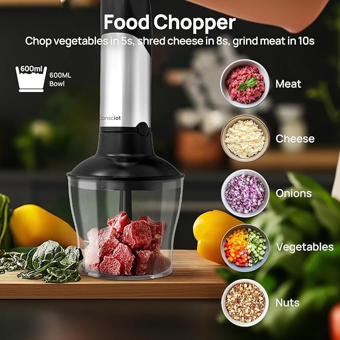 Consciot 7-in-1 Immersion Blender Handheld Max 1100W, Stick Emulsifier with Entire Stainless Steel Blender Shaft, Trigger Speed Control, 800ml Beaker, 600ml Chopper, Beaters, Frothers, Hooks & Masher