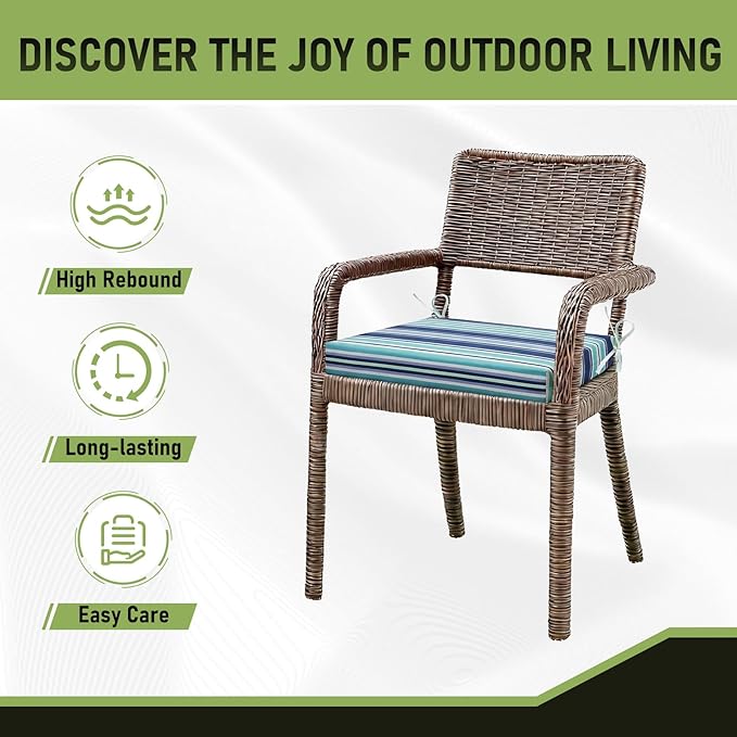Basic Beyond Outdoor Chair Cushions Set of 2, Square Corner Outdoor Cushions for Patio Furniture, Water Resistant Patio Chair Cushions with 2 Ties, 18.5x16x3, Pinstriped Blue
