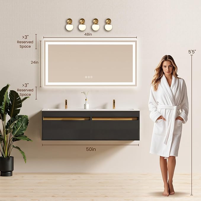 48X24 LED Bathroom Mirror with Lights, Backlit + Front Lit, Lighted Bathroom