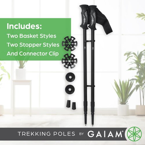 Gaiam Trekking Poles (Pair, Black), Lightweight 7075 Aluminum Hiking Support Walking Stick, Comfort-Grip Handles, All-Terrain Baskets & Styles Included, Camping & Hiking Essentials