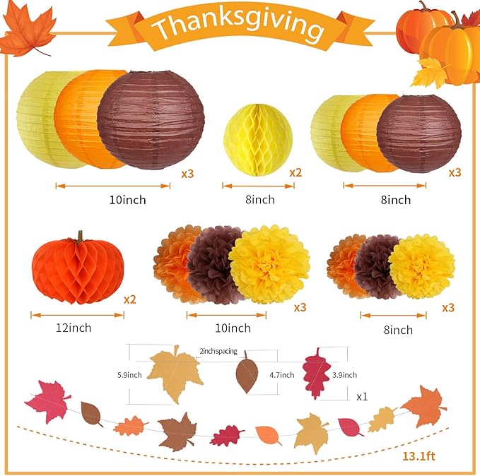 Thanksgiving Party Decorations Supplies Kit Hanging Paper Lantern Tissue Honeycomb Ball Pom Poms Flowers Pumpkins Maple Leaf Garland for Fall Birthday Baby Showers Home Decor Indoor Outdoor