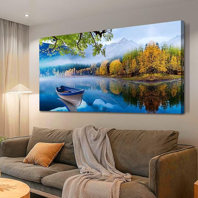 Arjun Landscape Wall Art for Living Room Lake Canvas Blue Picture Bedroom, Summer Nature Boat Artwork Modern Nature Painting Framed Large Home Office Dining Room Wall Decor, Extra Large 58"x29"