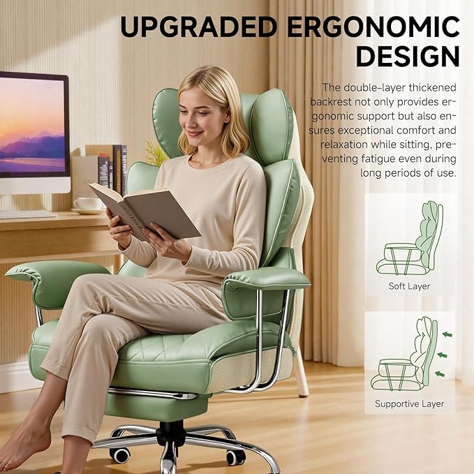 COMHOMA Big and Tall Office Chair, High Back Leather Gaming Chair with Footrest, Executive Ergonomic Office Chairs with Pocket Spring Lumbar Support and with Outward Fixed Soft Armrests