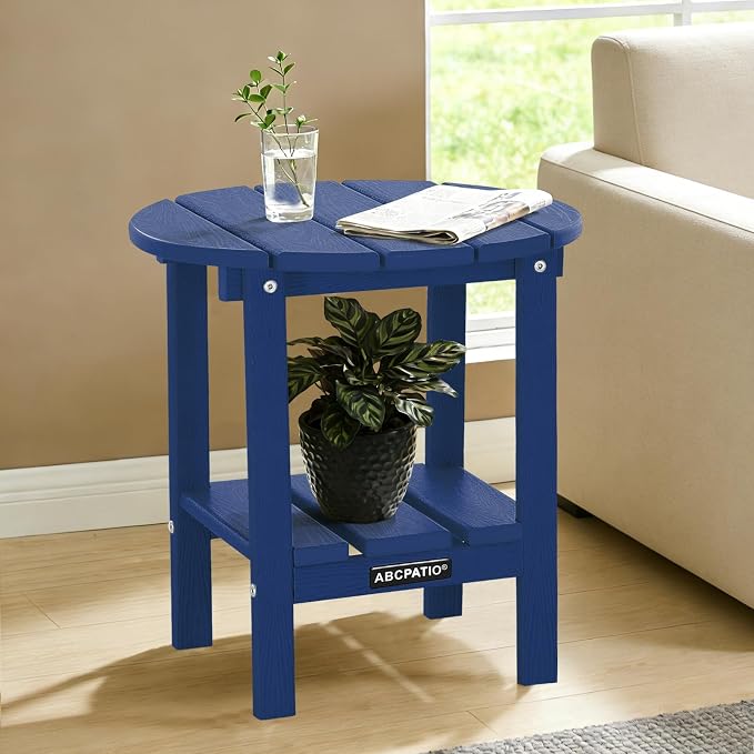 Outdoor Side Table Round - Patio Side Tables - HDPE Small Outdoor End Table for Backyard Pool Porch Balcony - Double Layer Storage - Navy (Wood Grain Finish)