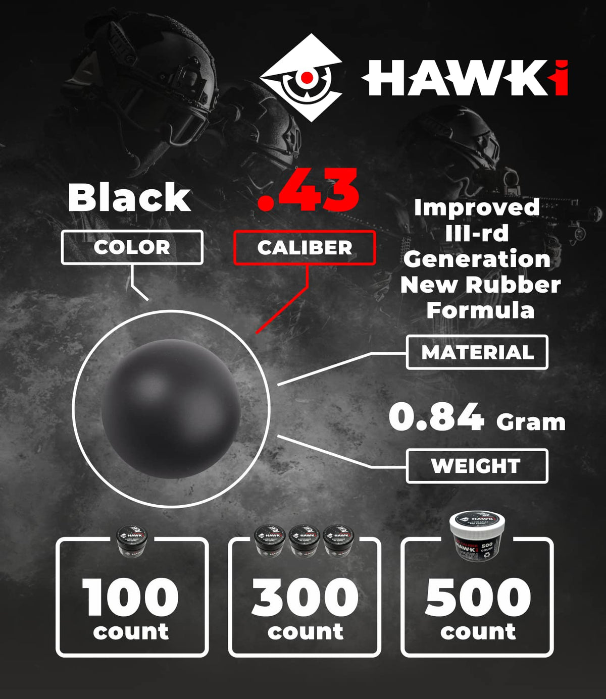 Hawki .43 Cal Training Rubber Balls for Paintball Guns 300 Pack (Black)