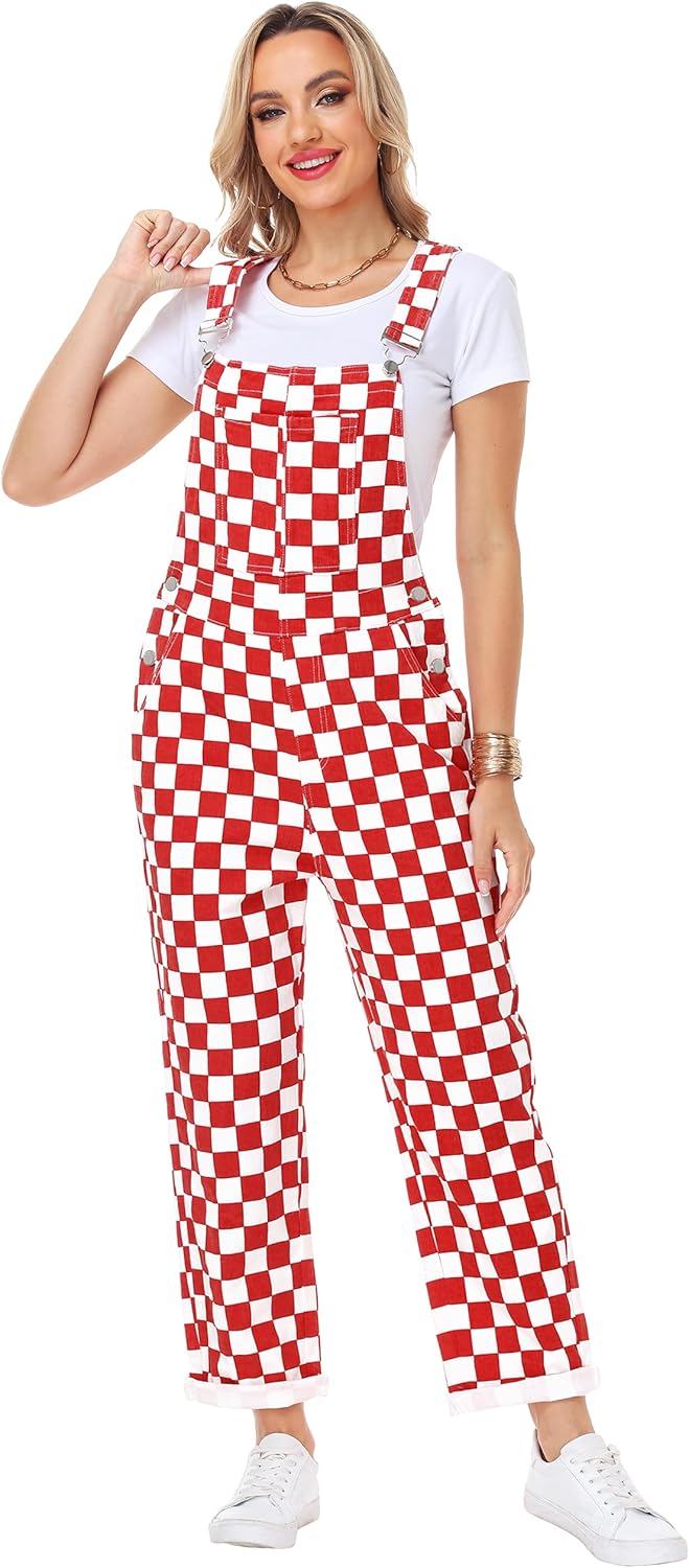 Skiennix Women's Checkered Bib Overalls - Comfortable Cotton Denim Jumpsuit in Stylish Design