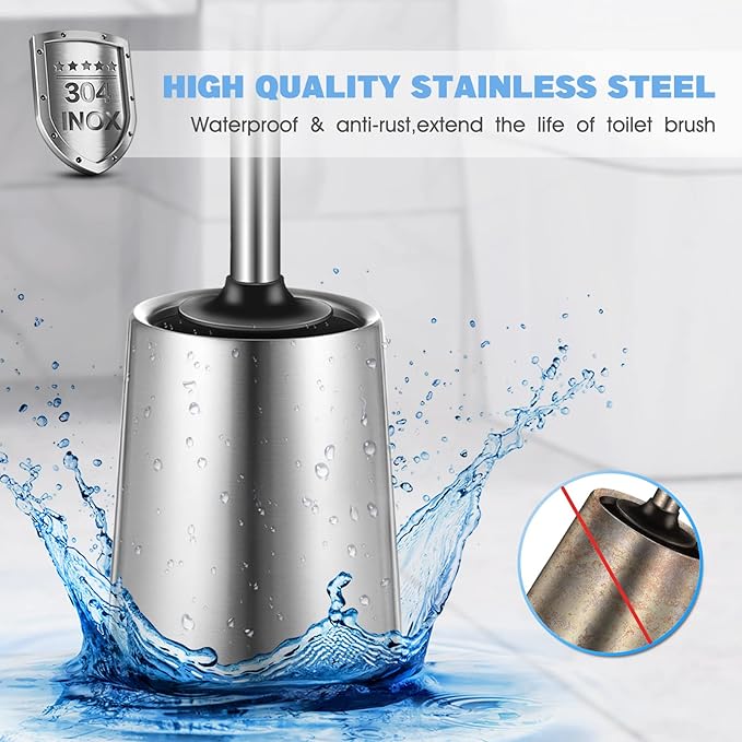 HAMITOR Toilet Bowl Brush Holder Set: Silicone Stainless Steel Deep Cleaning Toilet Cleaner Brush for Bathroom Restroom - Compact Modern Rv Toilet Scrubber Accessories with Caddy