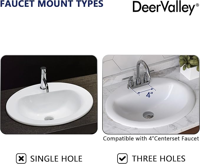 DeerValley 20x17 Inch Oval Ceramic Drop-in Bathroom Sink, White Vessel Sink with Overflow and Three Faucet Holes at 1.25-inch Centers, Modern Art Basin, DV-1DS0120