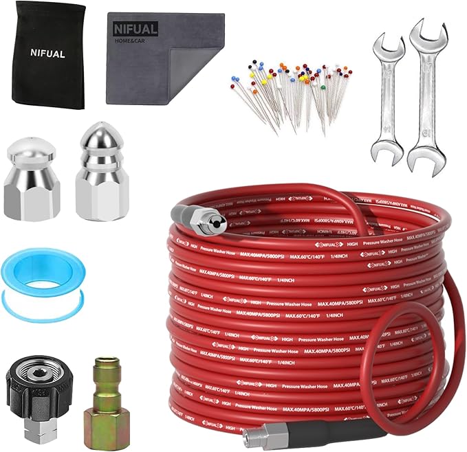 NIFUAL Sewer Jetter Kit for Pressure Washer,25FT 5800PSI Pressure Drain Cleaner 1/4 Inch NPT Corner Rotating and Button Hose Sewer Jetting Nozzle for Homeowners & DIYers (25FT)