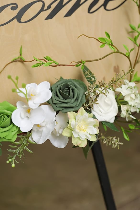 YYHUAWU Artificial Flowers Combo Box Set Forest Green Color Foam Fake Roses with Stems for DIY Wedding Bouquets Centerpieces Baby Shower Party Home Decorations