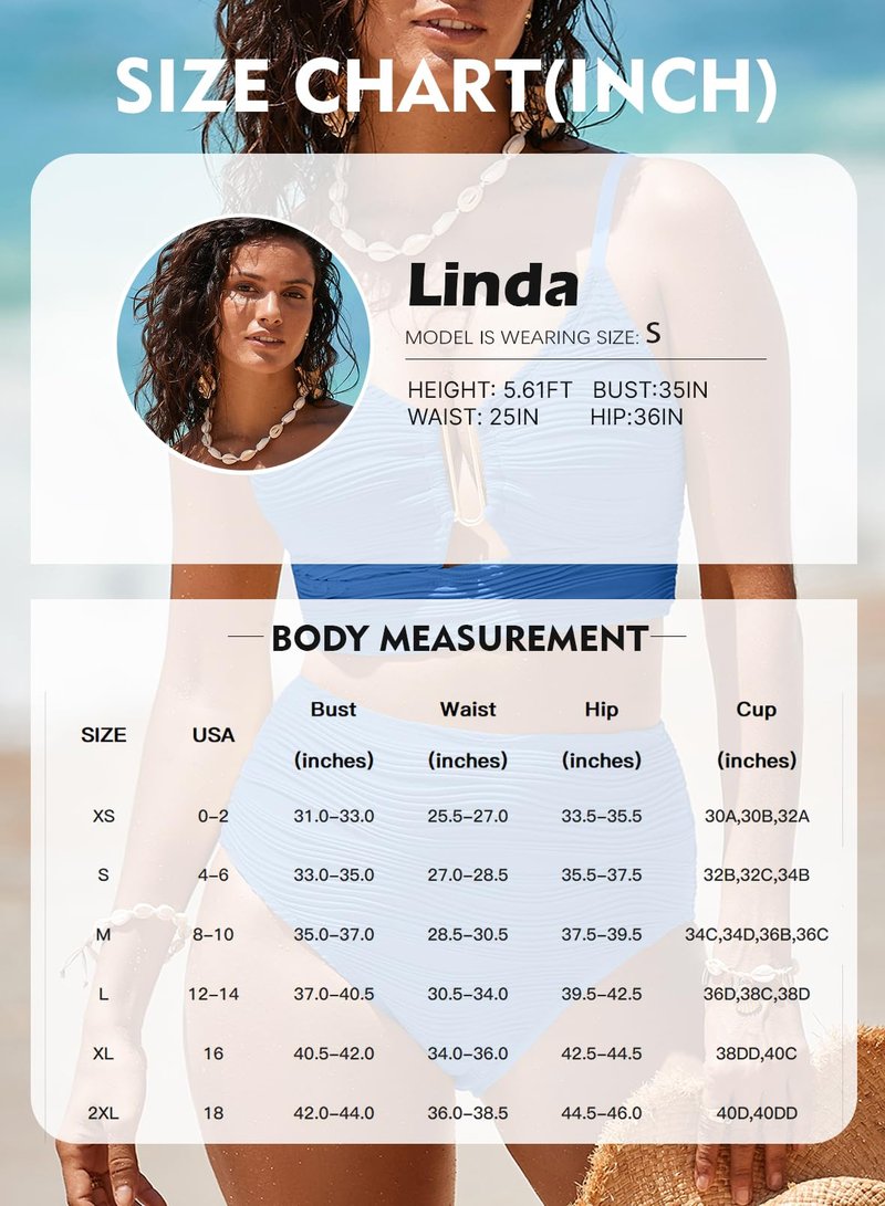 Herseas Women Two Pieces Textured Ruched Popular Bikini Set Push Up Padded V-Wired Swim Suit Cutout 2026 High Waisted Spaghetti Straps Bathing Suit Fashionable Swim Outfits Blue Small