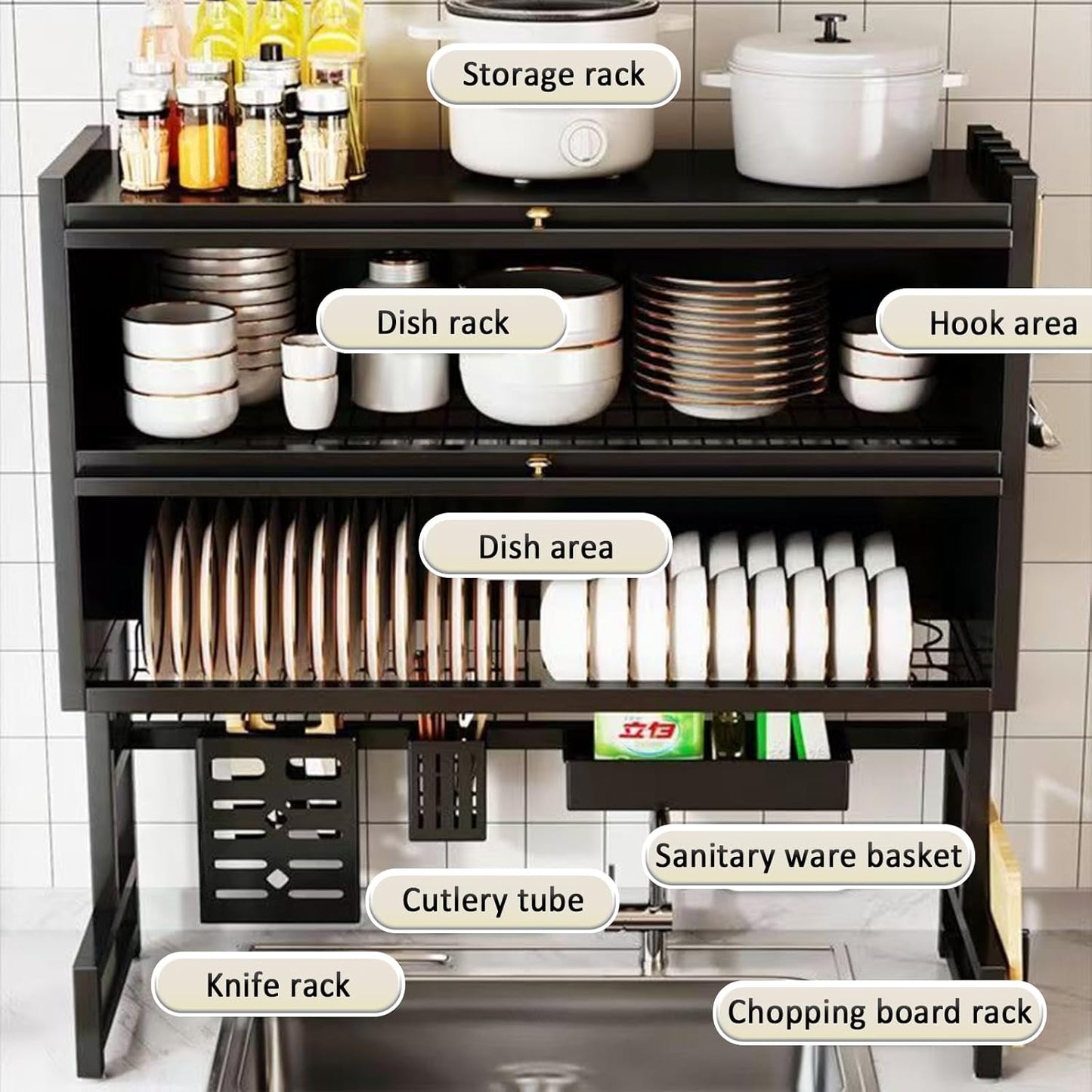 Dish Drying Rack 4 Tiers with Cover, Keep Kitchen Sink Shlef Organized Space-Saving, Large Drying Rack for Dishes, Glasses, Bowls, Cutlery white W-29.5in