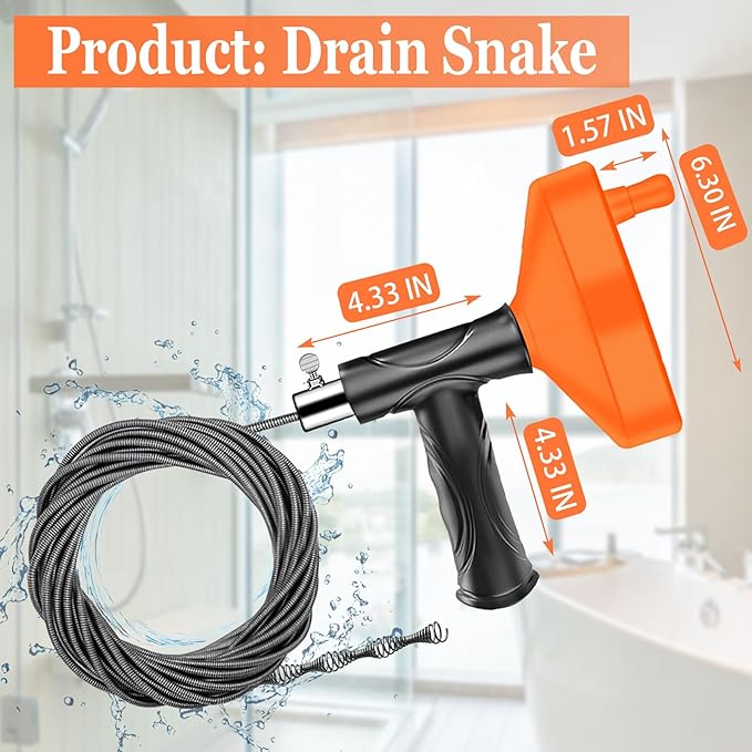 Drain Snake Auger 33 Feet, Plumbing Snake Drain Hair Clog Removal Tool, Sink Unclogger Drain, Heavy Duty Toilet Snake Auger, Cleaner Tool for Bathroom Kitchen Tub Shower Drain Clog Remover with Gloves