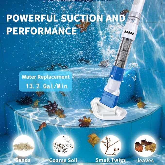 Cordless Handheld Pool Vacuum with 13.2 Gal/Min Powerful Suction, Rechargeable Spa and Hot Tub Vacuum Cleaner, Portable Small Pool Vacuum for Above Ground Pools, Inflatables & Steps, 2 Brush Heads