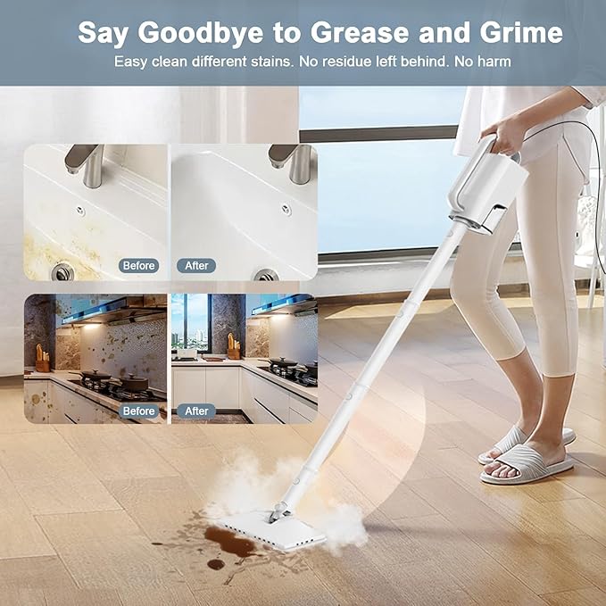 6-in-1 Steam Mop, 1200W Rotated Steam Cleaner for Home, 2 Modes, 400ML Removable Tank, 23FT Cord, 2 Washable Pads, Multi-Surface Steamer for Hard Floor, Laminate Floor, Tiles Cleaning (Pearl White)