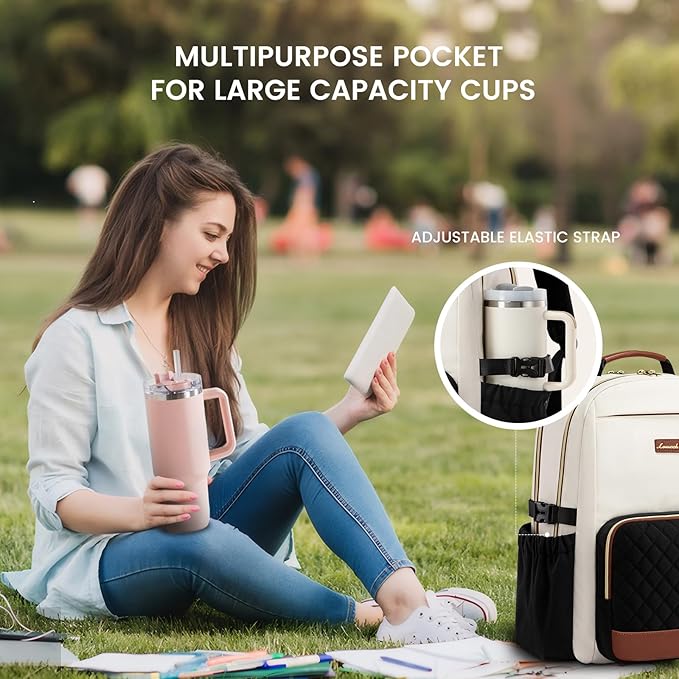 LOVEVOOK Laptop Backpack for Women with Pouch Pocket for Large Capacity Cup,18 Inch Teacher Nurse College Work Travel Backpack Purse,Waterproof Laptop Computer Bags,Beige-Black-Brown+Diamond-shaped