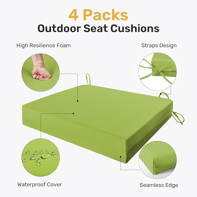UNIKOME Outdoor Chair Cushions Pack of 4, Water Resistant Patio Cushions with Ties, High Density Sponge Filling Square Corner Seat Cushions for Outdoor Furniture, 24"*24"*4", Green