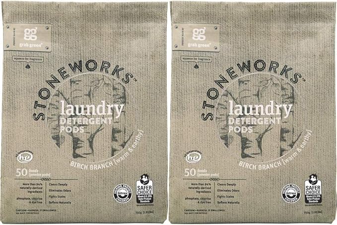 Grab Green Stoneworks Laundry Detergent Pods, 100 Count, Birch Branch Scent, Plant and Mineral Based, Cleans Deeply, Eliminates Odors, Fights Stains