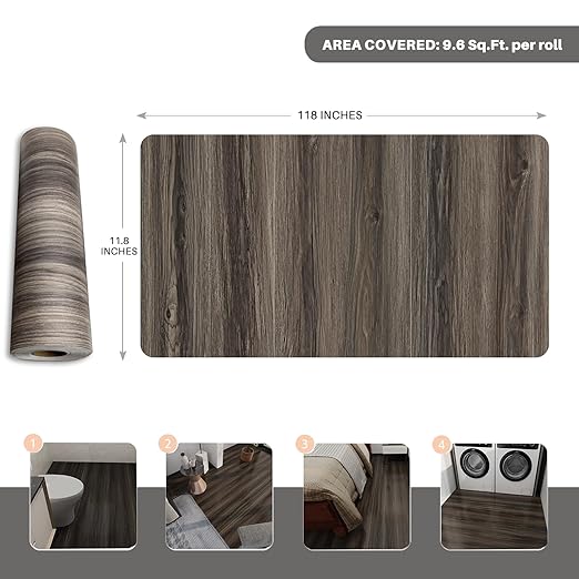 Wood Grain Peel and Stick Floor Tiles – 11.8” Width, Full Roll Length of 118" –
