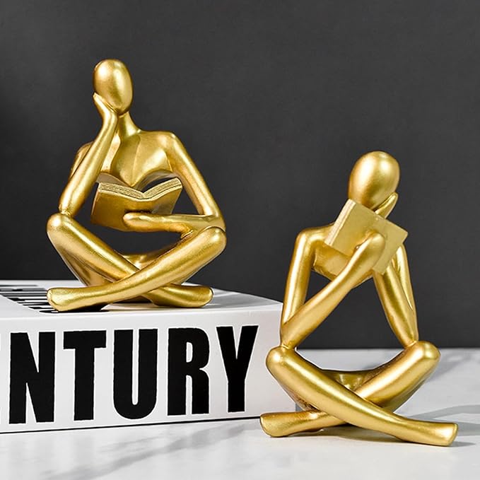 Gold Reading Women Statue, Thinker Sculptures, Abstract Art Ornament, Modern Aesthetic Figurine Decoration, Suitable for Home Living Room Bedroom Office Shelf Table Desk Bookshelf Decor (Gold Left)