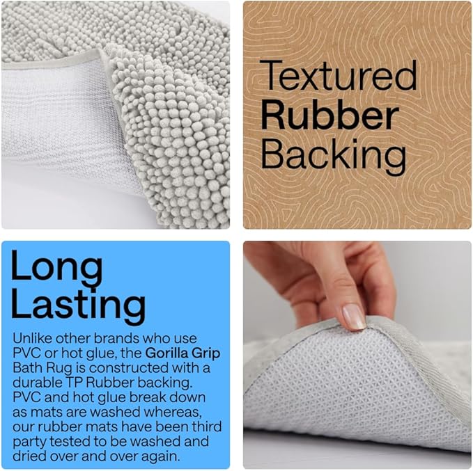 GORILLA GRIP Bath Rug Mat 54x24, Soft Absorbent Chenille, Quick Dry Microfiber Mats, Rubber Backing Washable Shower Floor Rugs, Bathmat Runner, US Designed Bathroom Home Decor Accessories Light Gray