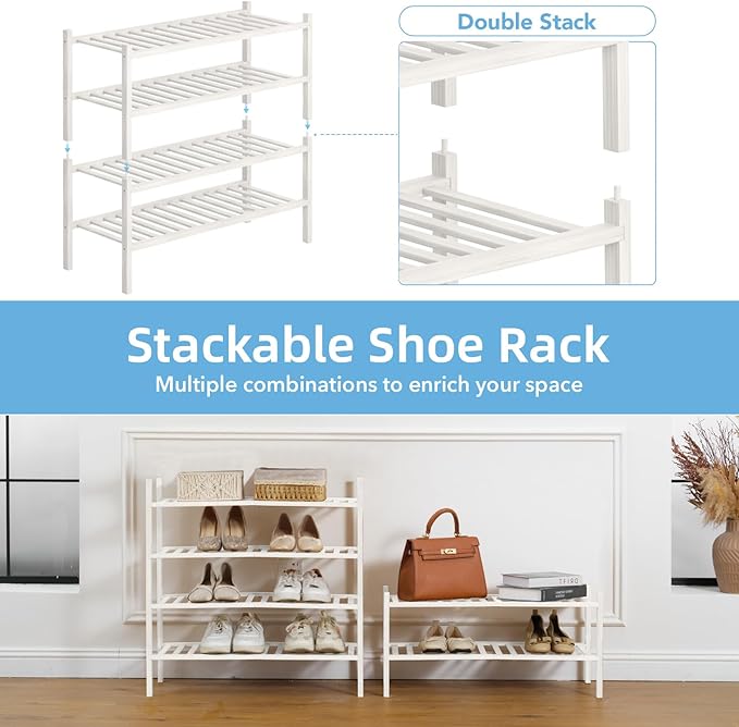 2 Tier Bamboo Shoe Rack Storage Organizer for Closet, Multifunctional Stackable Free Standing Shoe Shelf Organizer for Small Space,Entryway, Hallway, Bathroom27 x11 x13 (White, 2 Tier)