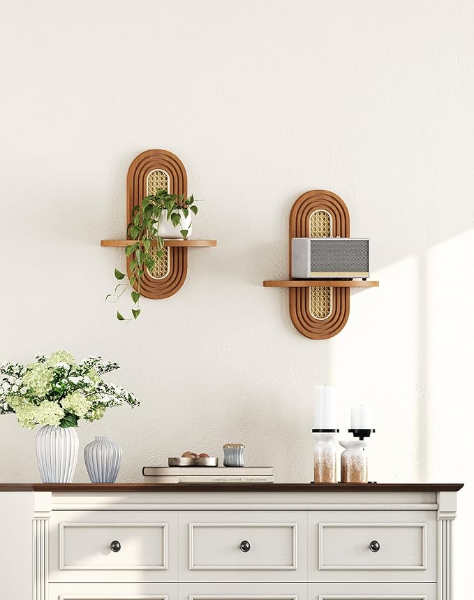 Floating Shelves for Wall, Boho Home Wall Decor, Rattan Plant Shelf Set of 2