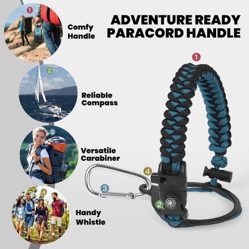 ABOTOCUP Paracord Handle fits Wide Mouth Water Jug, Durable Paracord Bracelet Strap Carrier for 32 40 64 128 oz Bottle, Secure Accessories for Hiking with Safety Ring Carabiner & Compass Whistle