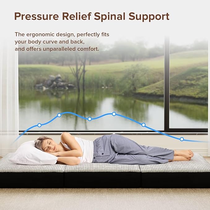 Memory Foam Trifold Mattress - Queen Portable Floor Bed 6 Inch, Foldable Mat with Washable Cover, Handle & Non-Slip Bottom, for RV, Travel, Camping, Yoga, 78"x58"x6"