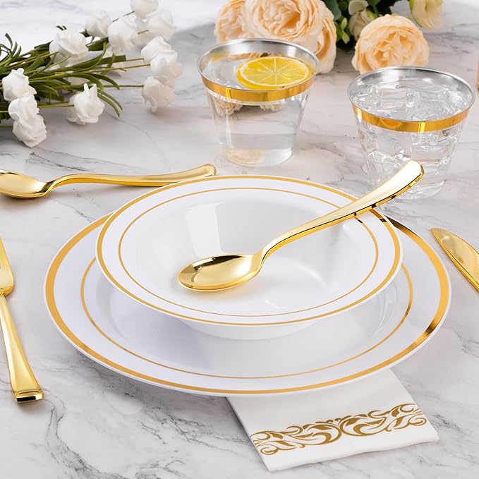 Goodluck 25 Pack Plastic Bowls with Gold Rim, 12oz Disposable Soup Bowls, Heavy Duty Dessert Bowls for Weddings, Parties, Dinners, Catering, Thanksgiving and Everyday Use
