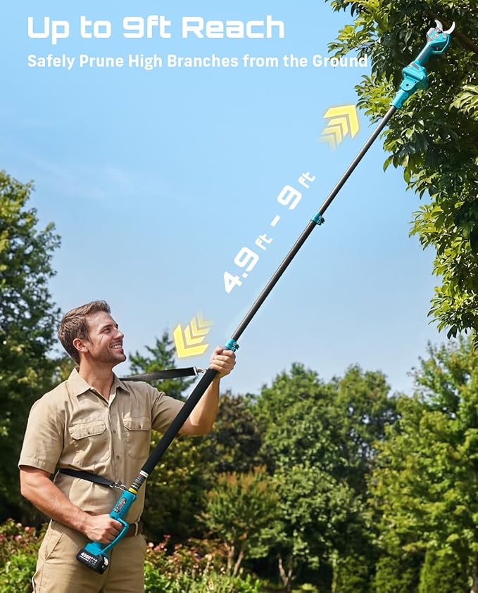 SEESII 2-in-1 Pole Pruning Shears: 2.2" Cutting Diameter Cordless Electric Pole Pruners, 2*4000mAh Batteries, Brushless Motor, Extra SK5 Blade, 4 Mode Adjustable Garden Shears for Tree Flower Trimming