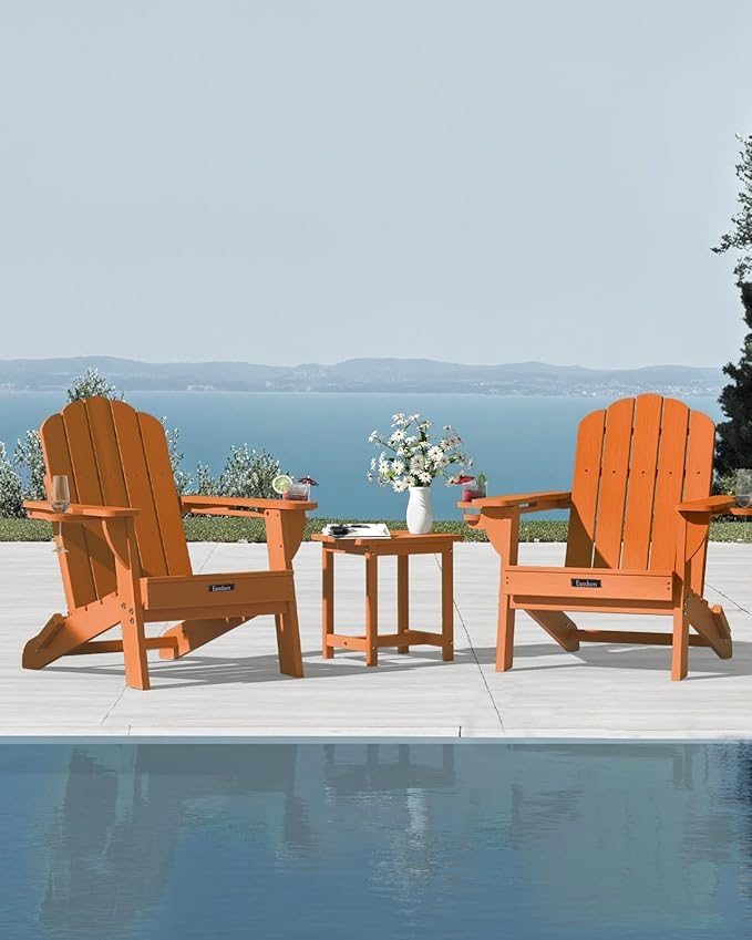 Adirondack Chair, HDPE Material Fire Pit Chairs, Plastic Adirondack Chairs with 2 Cup Holder, Outdoor Lawn Chair for Patio Garden, Orange