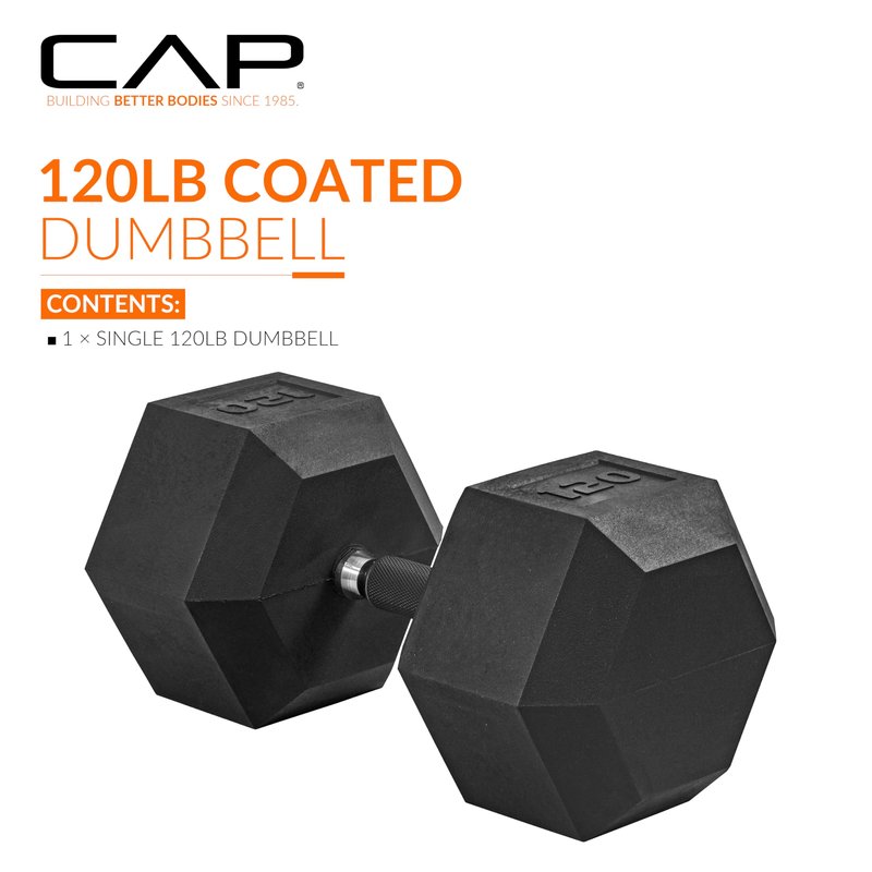 CAP 120 LB Rubber Coated Hex Dumbbell Weight, Rubber Free Weights for Home Gym Strength Training, Comfort Grip Handle, Single