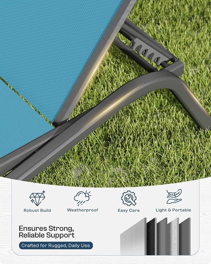 3-Piece Patio Chaise Lounge Set with Side Table, Set of 2 Adjustable Pool Chairs and Aluminum Bistro Table, All-Weather Outdoor Furniture for Pool Deck, Patio & Tanning, Sky Blue