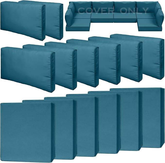 14 Piece Outdoor Patio Waterproof Cushion Covers, Fits 6-Seat Wicker Rattan Sectional Couch Chair Furniture Cover Replacement Set - Fade-Resistant Patio Cushion Covers with Zipper
