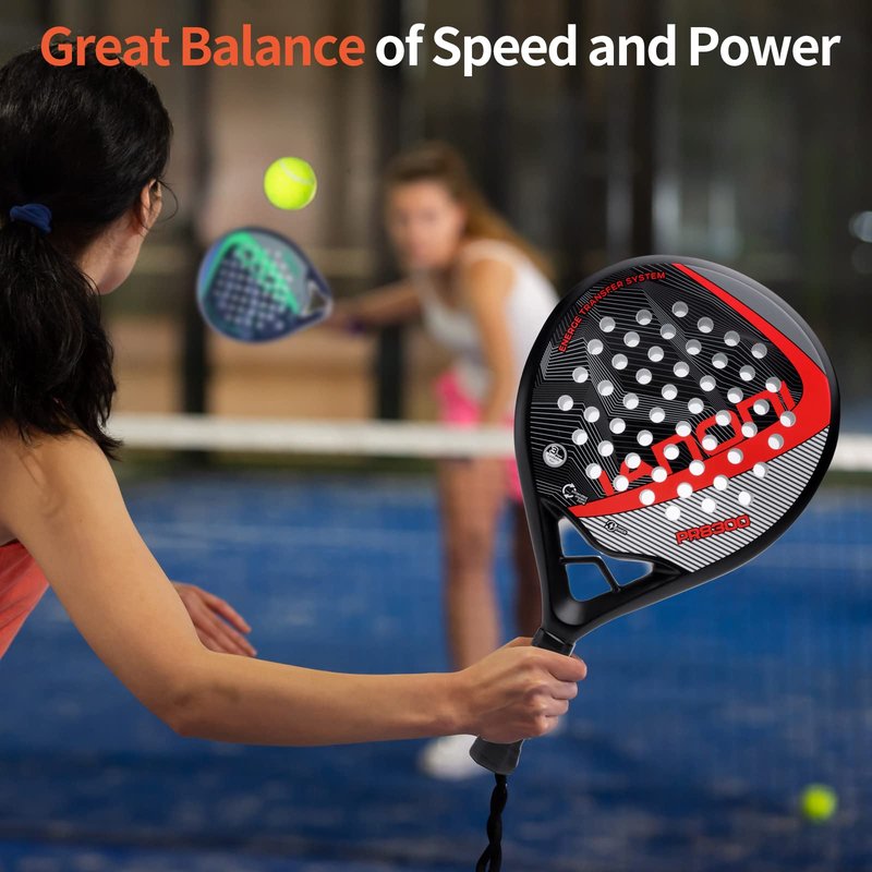 Padel Racket Carbon Fiber Surface with EVA Memory Flex Foam Core Padel Tennis Racquets Lightweight (8300-red)